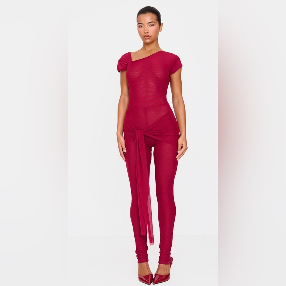 Burgundy Mesh Asymmetric Cap Sleeve Jumpsuit Pretty Little Thing